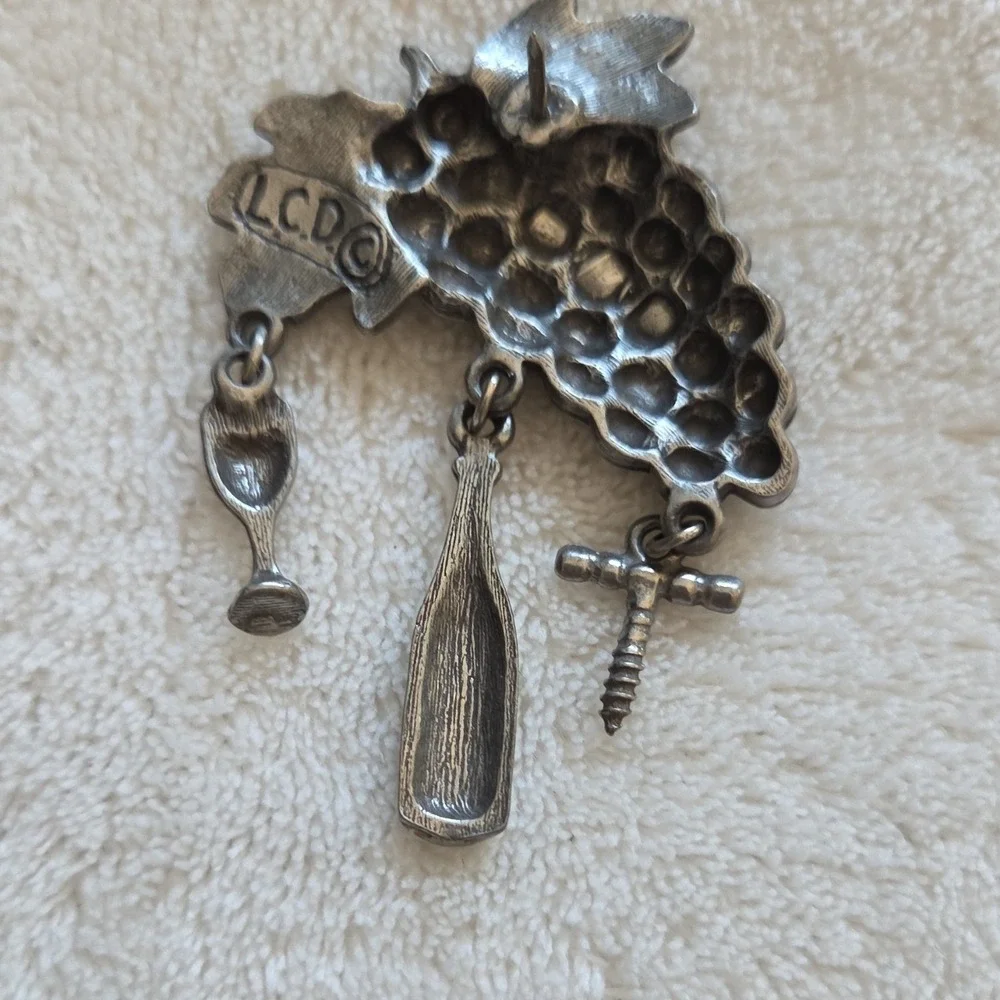 LCD Silver Tone Metal Grapes Wine Bottle Corkscrew Glass Food & Drink Brooch Pin
